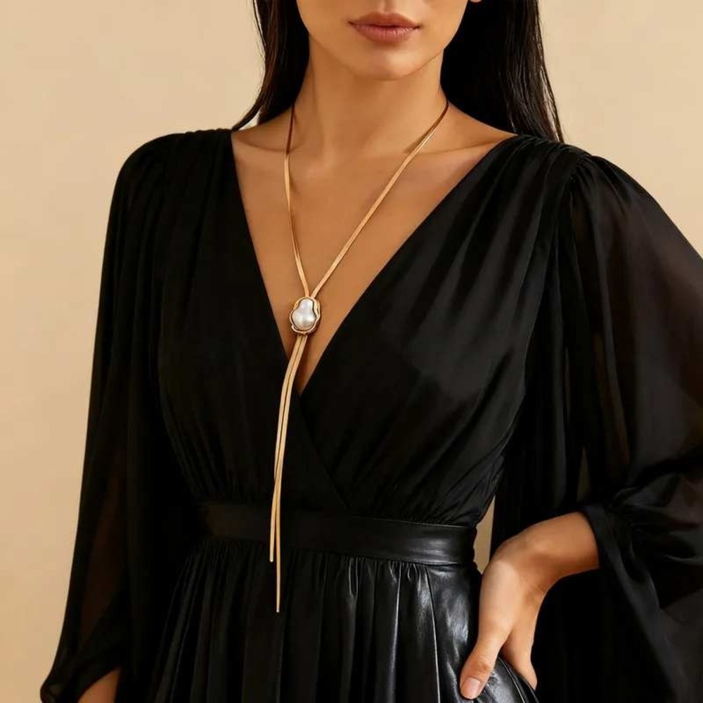 Gold Tone Lariate Snake Chain Necklace Elegant Modern Chic Statement‎ Event Glam